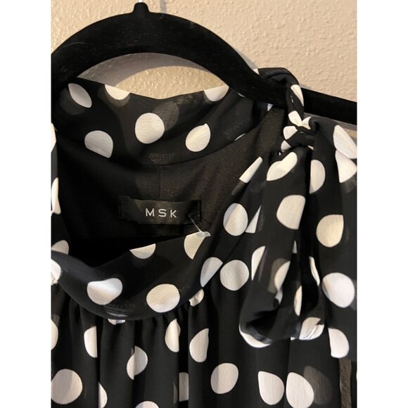 MSK Dress 14 Black White Polka Dot Mock Tie Neck Sleeveless Flowy Washable NEW - Picture 2 of 7